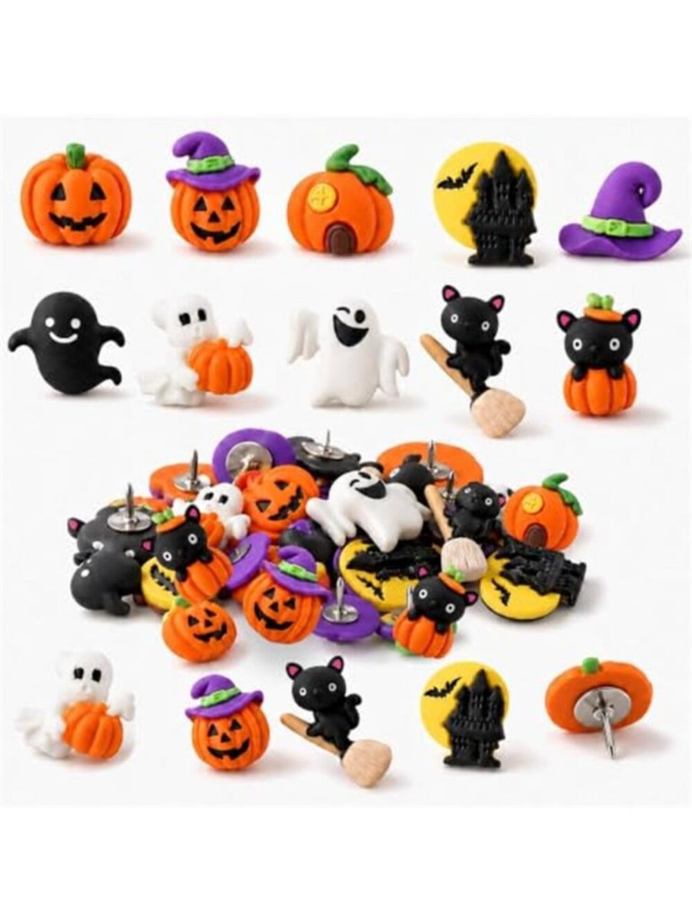50 Pcs Halloween Themed Pushpins Funny Ghost Castle White Cat Decorative Tacks